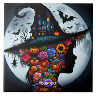 Fantasy Cute Girl Witch Halloween Ceramic Tile