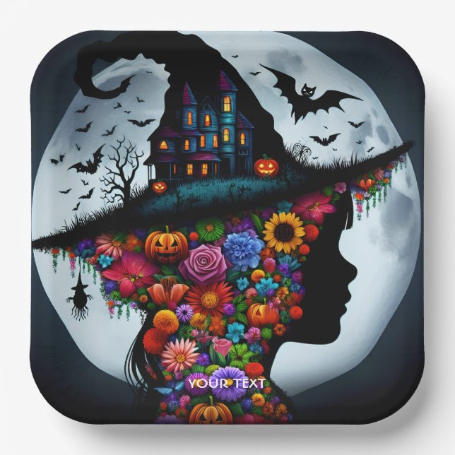 Fantasy Cute Girl Witch Halloween Paper Plate (Front)