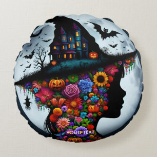 Fantasy Cute Girl Witch Halloween Round Cushion