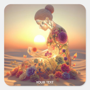 Fantasy Cute Glass Girl Flowers Square Sticker