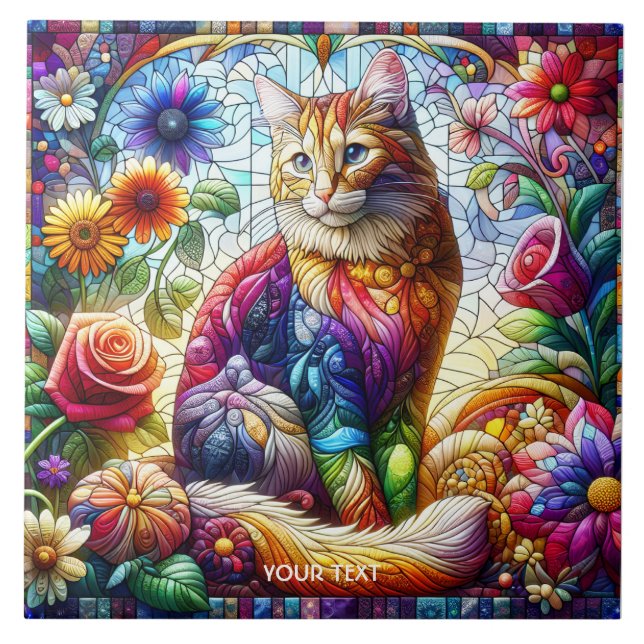 Fantasy Cute Glass Quilted Cat Ceramic Tile (Front)