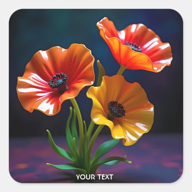 Fantasy Cute Glass Red Flowers Square Sticker (Front)