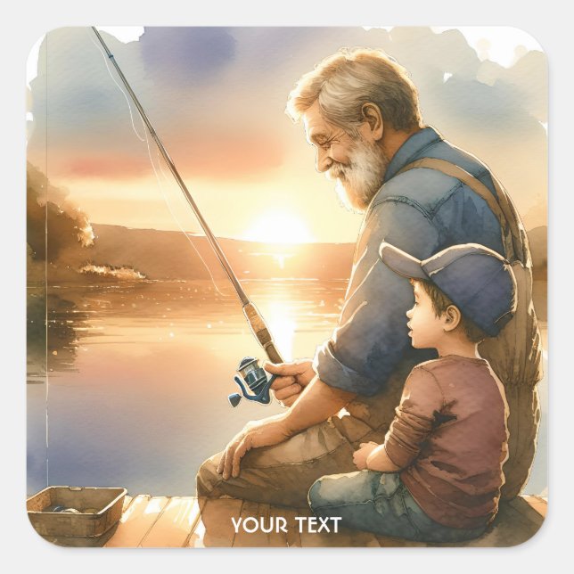 Fantasy Cute Grandfather Teaching Fish Square Sticker (Front)