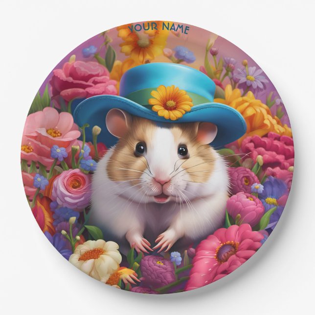 Fantasy Cute Hamster Hat Flowers Paper Plate (Front)