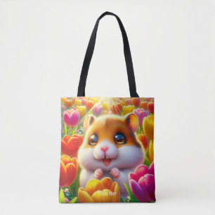 Fantasy Cute Happy Hamster Tulips Tote Bag