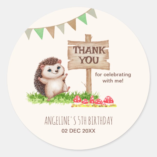 Fantasy Cute Happy Hedgehog Forest Birthday  Classic Round Sticker (Front)