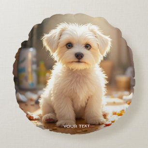 Fantasy Cute Happy Maltese Puppy Round Cushion