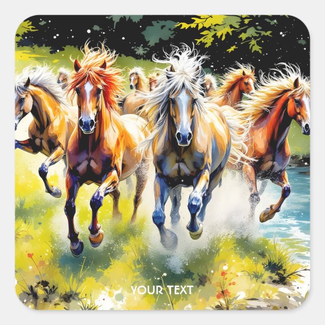 Fantasy Cute Herd Wild Horses Square Sticker (Front)