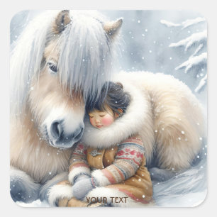 Fantasy Cute Horse Girl Winter Square Sticker