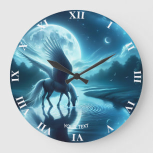 Fantasy Cute Horse Wings Moon Large Clock