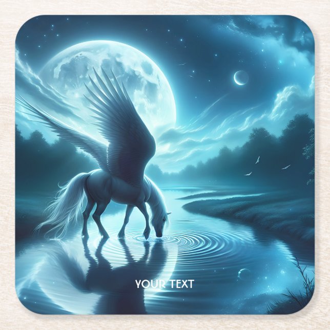 Fantasy Cute  Horse Wings Moon Square Paper Coaster (Front)