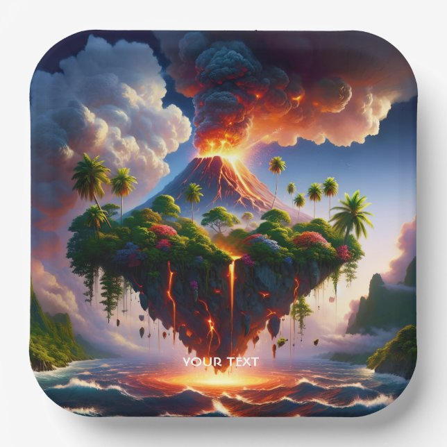Fantasy Cute Island With Volcano Paper Plate (Front)