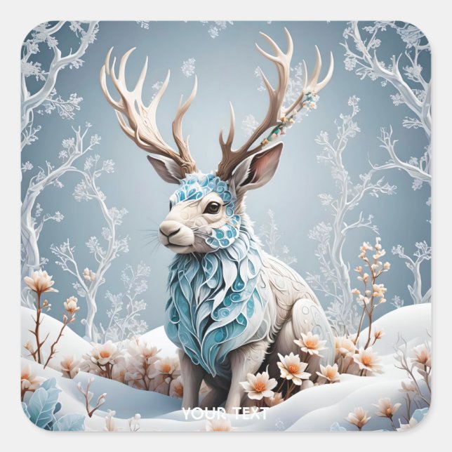 Fantasy Cute Jackalope Winter Ice Square Sticker (Front)