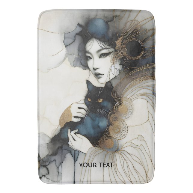 Fantasy Cute Japanese Girl Cat Bath Mat (Front Vertical)