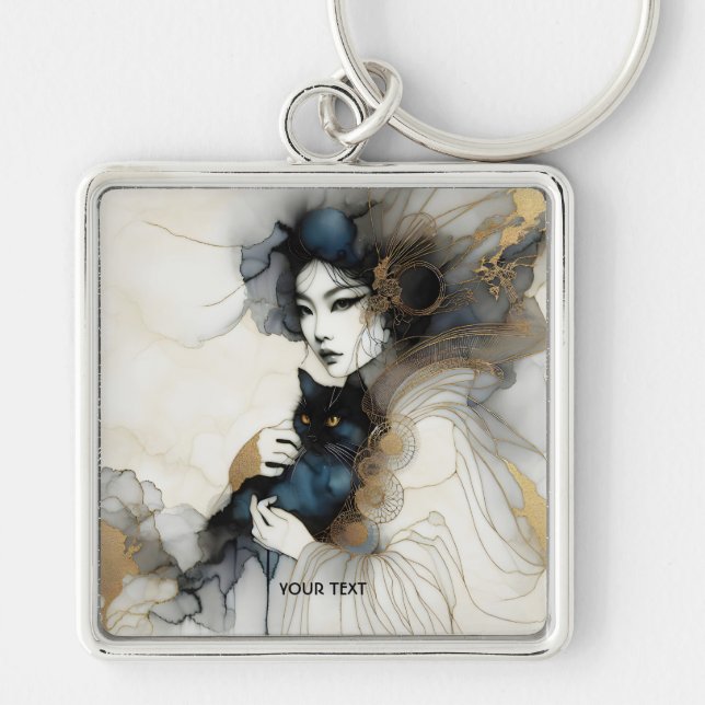 Fantasy Cute Japanese Girl Cat Key Ring (Front)