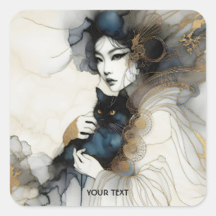 Fantasy Cute Japanese Girl Cat Square Sticker