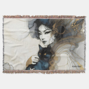 Fantasy Cute Japanese Girl Cat Throw Blanket