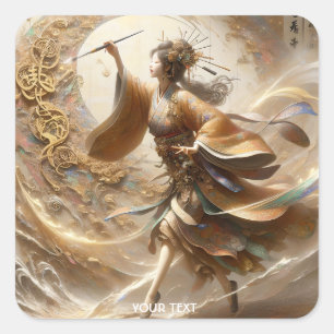 Fantasy Cute Japanese Girl Painting Square Sticker