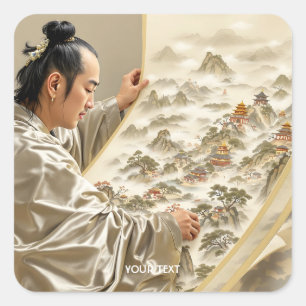 Fantasy Cute Japanese Painter Landscape Square Sticker