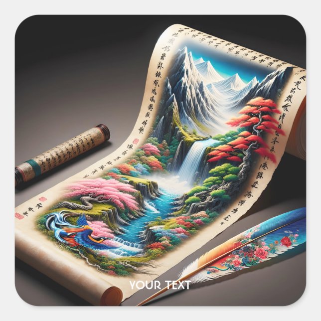 Fantasy Cute Japanese Parchment Landscape Square Sticker (Front)