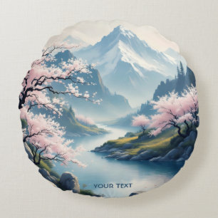 Fantasy Cute Japanese Spring Landscape Round Cushion
