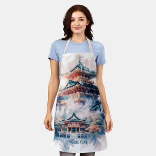 Fantasy Cute Japanese Temple Watercolor Apron