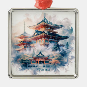 Fantasy Cute Japanese Temple Watercolor Metal Ornament