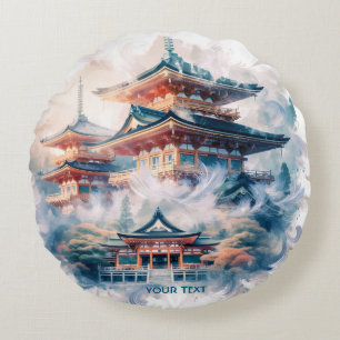 Fantasy Cute Japanese Temple Watercolor Round Cushion