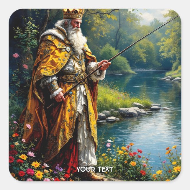 Fantasy Cute King Fishing In River Square Sticker (Front)