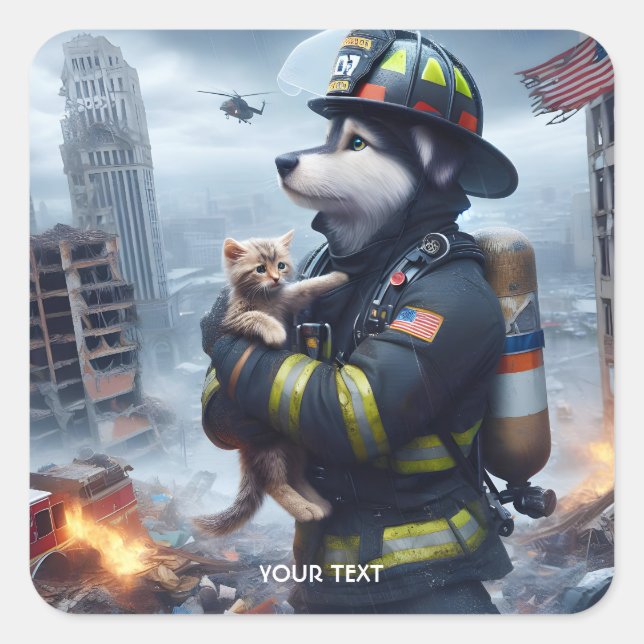 Fantasy Cute Kitten Dog Fire Square Sticker (Front)
