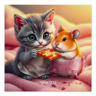 Fantasy Cute Kitten Hamster Pizza Poster