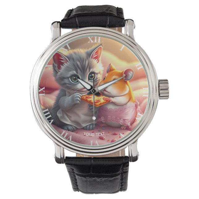 Fantasy Cute Kitten Hamster Pizza Watch (Front)