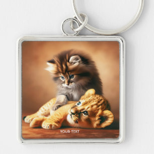 Fantasy Cute Kitten Playing With Tiger Key Ring