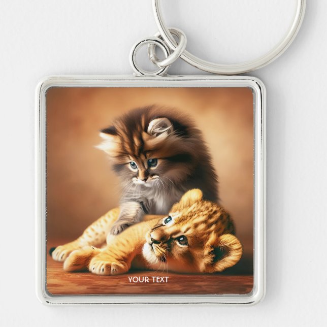Fantasy Cute Kitten Playing With Tiger Key Ring (Front)