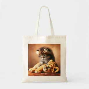 Fantasy Cute Kitten Playing With Tiger Tote Bag