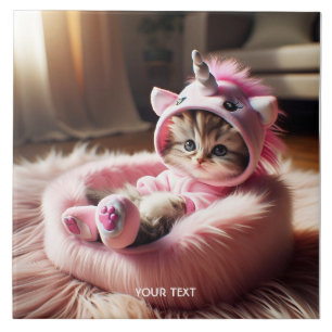 Fantasy Cute Kitten Unicorn Bed Ceramic Tile