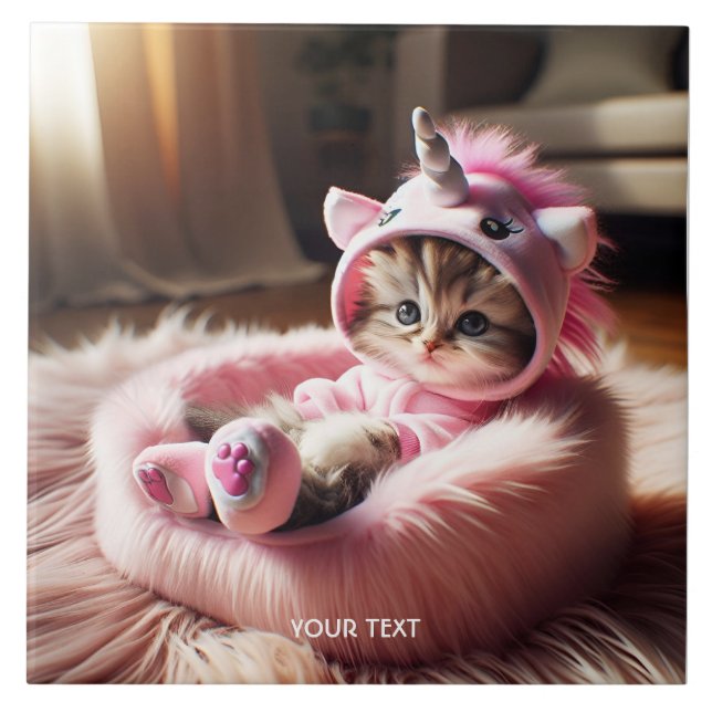 Fantasy Cute Kitten Unicorn Bed Ceramic Tile (Front)