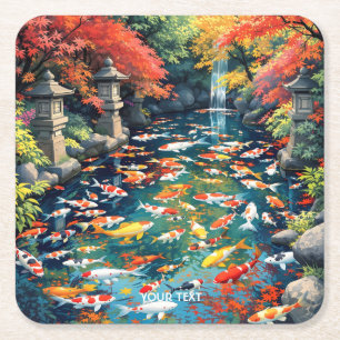 Fantasy Cute Koi Fish Pond Square Paper Coaster