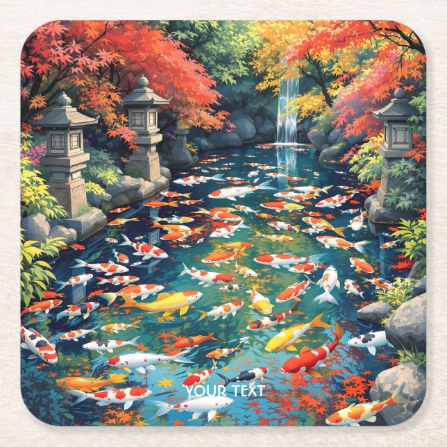 Fantasy Cute Koi Fish Pond Square Paper Coaster (Front)