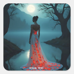 Fantasy Cute Lake Trees Moon Square Sticker