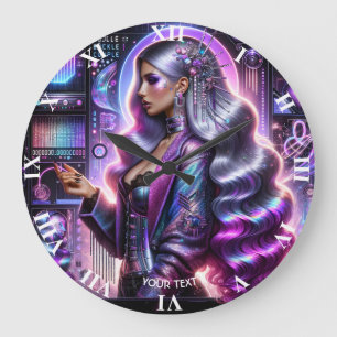 Fantasy Cute Lavender Cyber Girl Large Clock