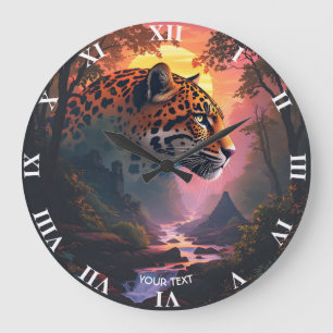 Fantasy Cute Leopard At Sunset Large Clock