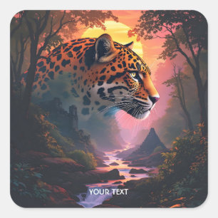 Fantasy Cute Leopard At Sunset Square Sticker