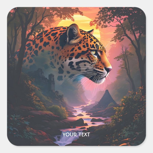 Fantasy Cute Leopard At Sunset Square Sticker (Front)