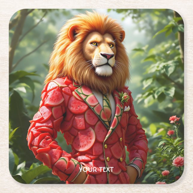 Fantasy Cute Lion Watermelon Suit Square Paper Coaster (Front)