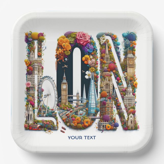 Fantasy Cute London Building Flowers Paper Plate (Front)