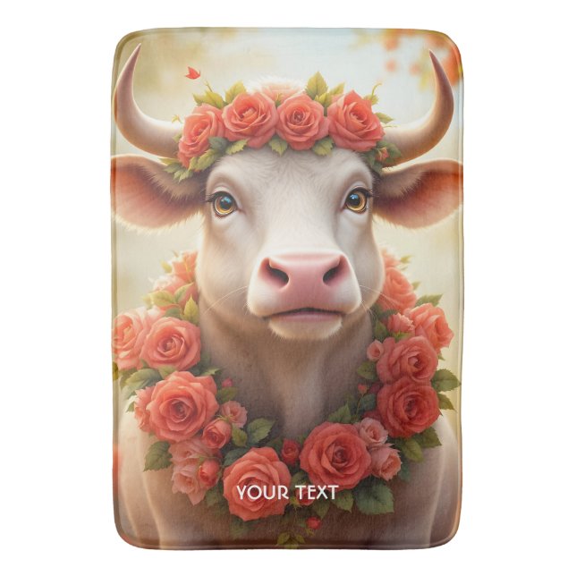 Fantasy Cute Lovely Cow Roses Bath Mat (Front Vertical)