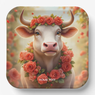 Fantasy Cute Lovely Cow Roses Paper Plate