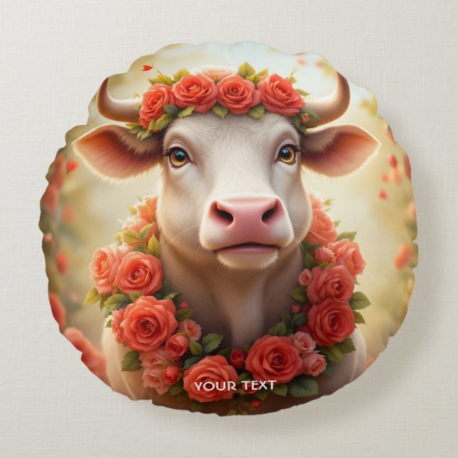 Fantasy Cute Lovely Cow Roses Round Cushion (Front)