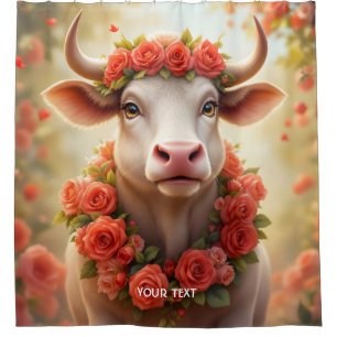 Fantasy Cute Lovely Cow Roses Shower Curtain